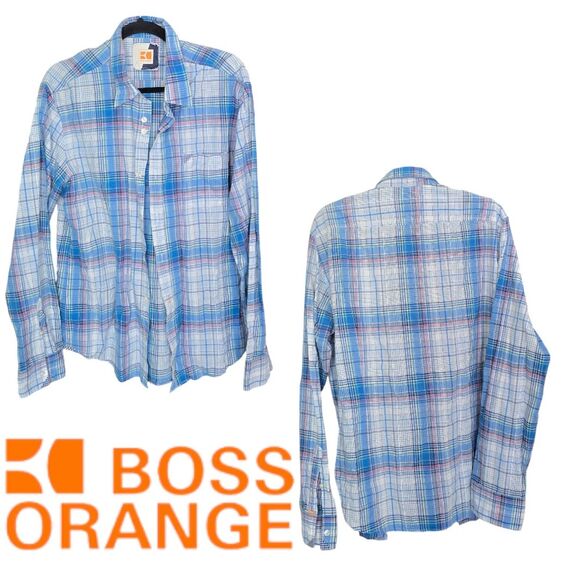 Hugo Boss Orange Shirt Plaid Long Sleeve Button Up Mens Extra Large Slim Pockets - Picture 3 of 3